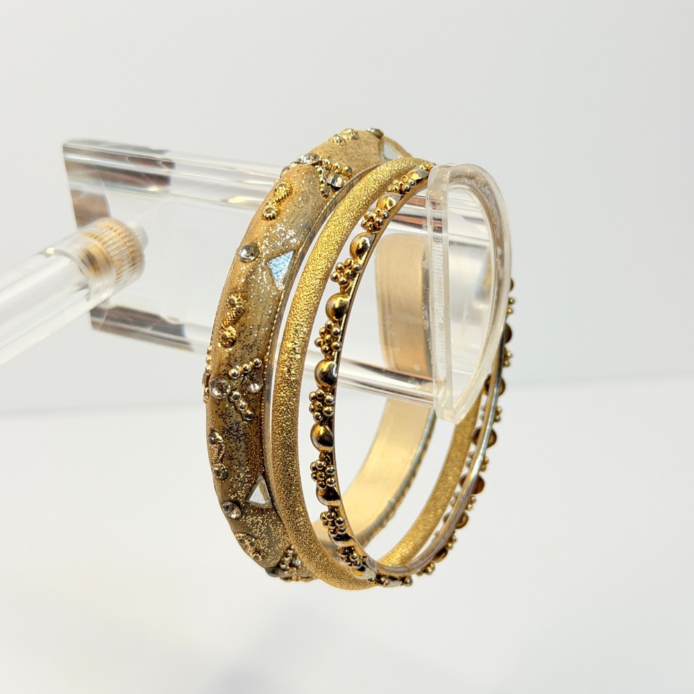 Luxe Gold Boho Bangles Rhinestone Glitter Textured Stackable Bracelets 3pc Set - Picture 4 of 9
